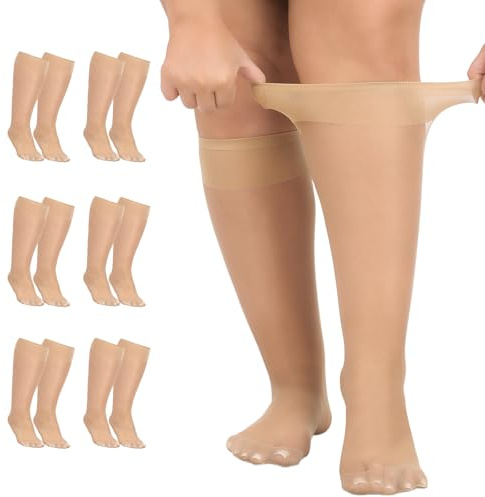 Aaronano 6 pares de calcetines hasta la rodilla para mujer, tallas grandes, medias de nailon, medias finas, calcetines negros, color piel transparente, 15 denier
