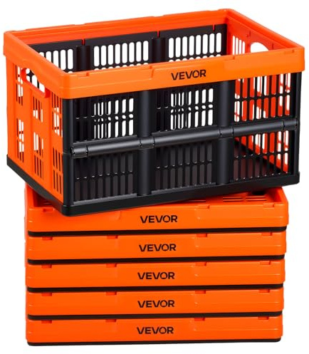VEVOR Scatole Portaoggetti Pieghevoli in Plastica 45 L, Cassette Pieghevoli Impilabili con Maniglie, Confezione da 6, Portata Massima 15 kg, Cestini Contenitori Pieghevoli Resistenti e Salvaspazio