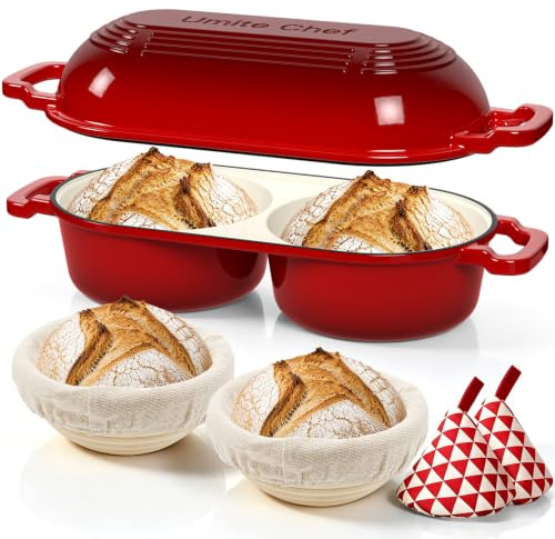 Umite Chef Dutch Oven for Bread BakingāEnamelled Cast Iron Dutch Oven Pot with Lid ā 500°F Oven SafeāDouble Round Loaf Bread Pan with 5 Banneton Proofing Baskets for Homemade Bread, Meatloaf, Cake