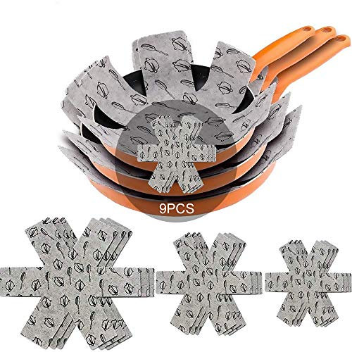 Meiso, set di 9 protezioni per pentole e padelle in feltro imbottito con stampa, per separare le pentole e proteggerne le superfici per evitare graffi