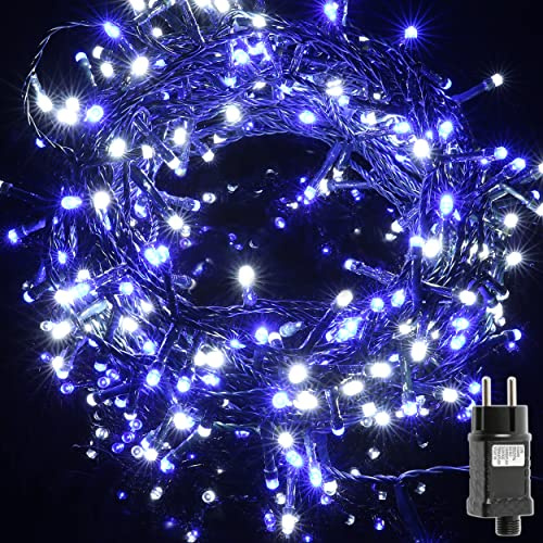 H HANSEL HOME Guirnalda Luces Led de Navidad Luces de Árbol de Navidad Uso Interior/Exterior IP44 Impermeable Cable Verde (Luz Blanco Y Azul, 100 Leds 5M)