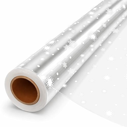 Papel Celofan Transparente (40cm x 30m) - 1 Rollo Papel Celofan Patrón Copos de Nieve,Papel Transparente para Envolver Regalos, Ramos de flores, Canastas de Frutas, Repostería y Navidad Regalos
