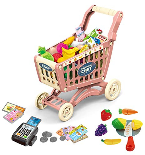 RedCrab Einkaufswagen für Kinder, 64 Stück Kaufladen Einkaufswagen Zubehör Set, Übergröße Rollenspiel Trolley Cart Spielset Lernspielzeug Geschenk für Kinder ab 3+ Jahren Junge Mädchen