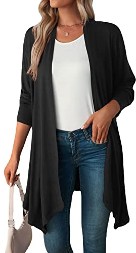 Famulily Womens Plus Size Waterfall Front Open Cardigan Ladies Long Sleeve Hanky Hem Jersey Tops UK Black L