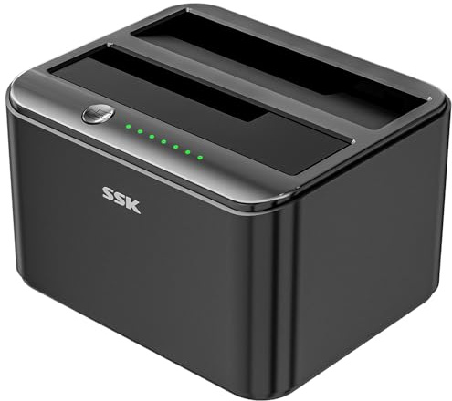 SSK Aluminum Hard Drive Docking Station, USB 3.0 to SATA Dual Bay External HDD Dock Caddy Reader for 2.5 & 3.5 inch SATA HDD SSD, with UASP Offline Cloner/Duplicator Function (2x20TB Supports) Black