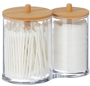Relaxdays Wattestäbchen-Behälter, Kunststoff, mit Bambusdeckel, Organizer Wattepads und Wattestäbchen, transparent/Natur