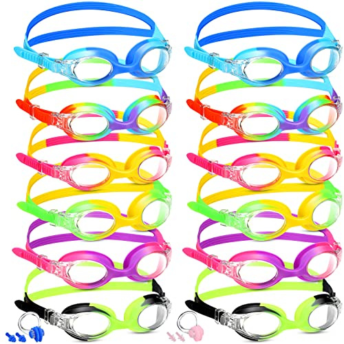 Kanayu 12 Pcs Kids Swimming Goggles No Leaking Anti Fog Kids Swim Goggles Glasses with Nose Clips Ear Plugs (Bright Colors)