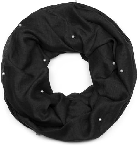 styleBREAKER Damen Loop Schal mit Perlen Applikation, Unifarben, Leichter Schlauchschal Einfarbig, Tuch 01016168, Farbe:Schwarz