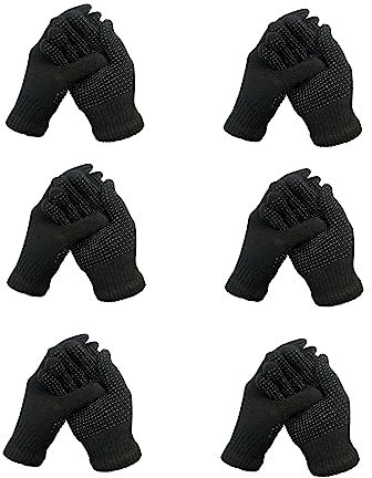 Unisex Boys Girls Super Value Thermal Black Winter Gripper Gloves Children's Magic Stretch Gripper Gloves, one size will stretch to fit any older child (Black - 6 Pairs)