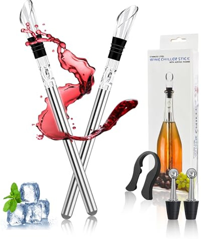 FungLam Juego de varillas de enfriamiento de vino 5 en 1 profesionales con barra de enfriamiento de acero inoxidable, 2 varillas de refrigeración, 2 tapones de botella y 1 cortador de láminas,
