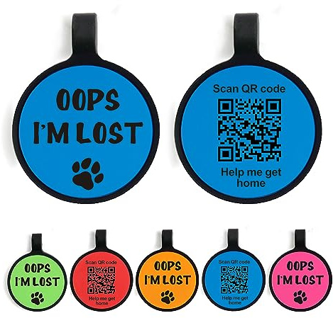 Medaglietta identificativa silenziosa con codice QR per cani e gatti, in silicone, rotonda, blu, con avviso di localizzazione istantanea via e-mail