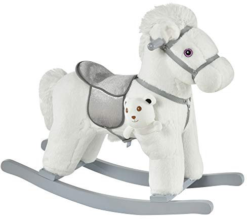 HOMCOM Cheval à Bascule bébé de 18 à 36 Mois, Jouet à Bascule en Peluche, Animal à Bascule en Bois, avec Effet sonore, Ours en Peluche Gratuit, 65 x 26 x 55 cm, Blanc