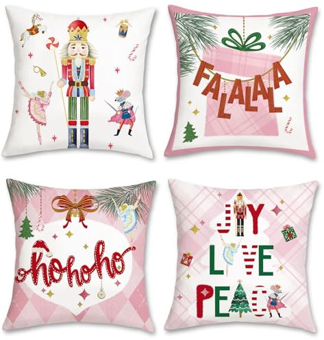 Bonhause 4er Set Kissenbezüge Weihnachten Nussknacker 45 x 45 cm Rosa Winterurlaub Partei Samt Soft Dekorative Kissenhülle Rosa Xmas Zierkissenbezüge für Sofa Schlafzimmer Xmas Dekoration