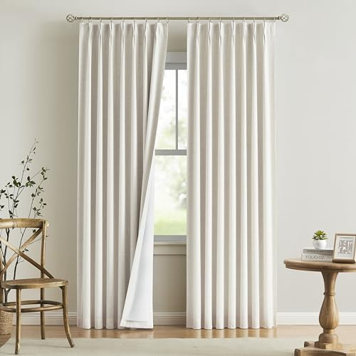 Vision Home Natural Pinch Pleated Full Blackout Curtains Linen Blended Room Darkening Window Curtains 90 inch for Living Room Bedroom Thermal Insulated Pinch Pleat Drapes with Hooks 2 Panel 40Wx90L