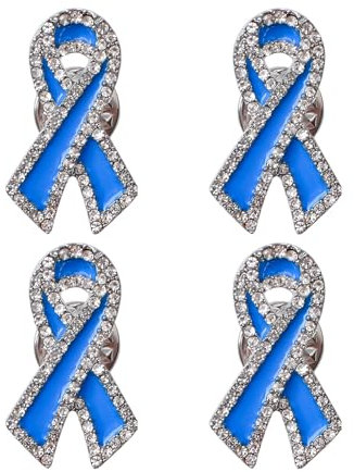 WANDIC Lot de 4 broches en forme de ruban bleu avec strass pour sensibilisation au cancer du côlon avec boîte cadeau - Badges de sensibilisation au cancer de la prostate pour décoration d'événement
