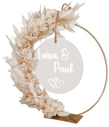 Stehkranz Trockenblumen I Blumenkranz mit personalisierbarer Acrylscheibe I Elegante Dekoration I Wunderbare Tischdeko oder Geschenk I Perfektes Hochzeitsgeschenk I Mit Liebe handgemacht (Weiß)