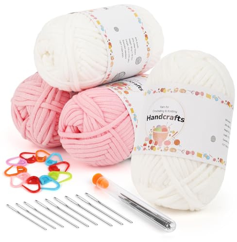 Aeelike 4X50g Dicke Wolle Baumwolle zum Stricken, Chunky Häkelwolle Yarn mit Häkelzubehör für Anfänger, Kein Geteiltes Garn zum Häkeln, Strickwolle mit gut Sichtbaren Maschen, 2 Rosa+2 Weiß