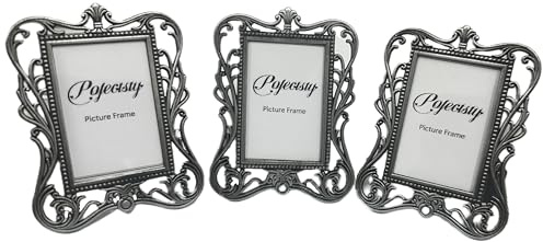Pofectsty Two-Inch Samll Metal Vintage Picture Frame 3Pcs,1 1/2 x 2 1/4 Mini Metal Picture Frame Set (Antique silver)