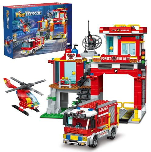 MindBox City Fire Rescue Building Set with Fire Station, Truck & Helicopter,772pcs Toy for Boys 8+