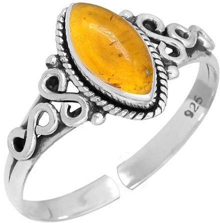 Anello regolabile in argento e ambra arancione Jeweloporium, anello in argento sterling 925 per donna, gioielli fatti a mano con pietra marquise