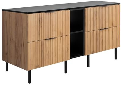 3E 3xE living.com Badezimmerschrank, Eiche Craft/Schwarz + schwarzer Griff, 140 x 77 x 46 cm