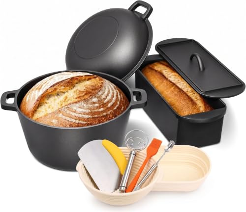 GFTIME Pentola in ghisa da 26 cm, con stampo per il pane con coperchio incluso cestino per la lievitazione, robusta teglia per il pane con coperchio, ideale per il pane, per il pane, per il pane e il