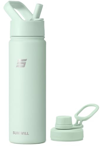 SUNWILL Metal Water Bottle with Straw Stainless Steel, 650ml Insulated Leakproof Thermal Flask with 2 Lids for Cold and Hot Drink, Running, Sports, Gym, Travel, Matcha Cream