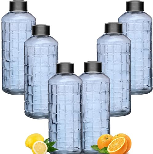 BELUKO Botella de cristal para agua, botella agua cristal 1 litro, 1.6 L, botella agua vidrio con tapa antigoteo, jarra agua, zumo jugos para nevera, frigorífico (AZUL 1 LITRO (pack de 6))
