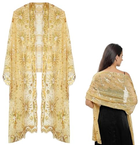 Yeria Cape dorée brillante pour femme avec étoiles et lune, cape festive pour robes de soirée, mariages, fêtes de Noël, style indien, design à paillettes
