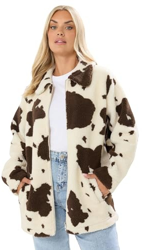 Yours Curve Natural Brown Cow Print Teddy Borg Jacket - Women's - Plus Size Curve