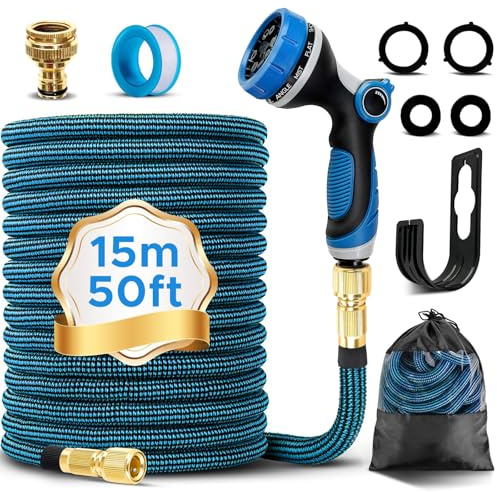 Tubo Acqua Giardino 15 Metri, Tubo Estensibile per Giardino con Pistola a Spruzzo a 10 Funzioni, Canna per Irrigazione con Adattatori da 1/2 e 3/4 per Innaffiare,Giardinaggio e Lavaggio Auto (15M)