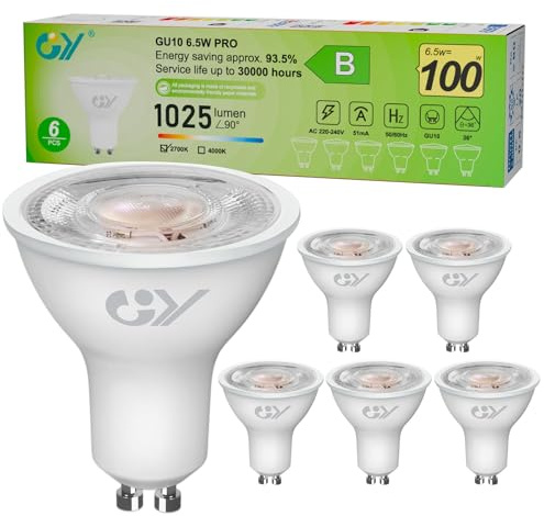GY Klass B Lampor GU10 LED spott, 1025LM varmvit 2700K GU10 36° (smal stråle), 6,5W motsvarande 100 W, energieffektivitet, dimbar, 6 st