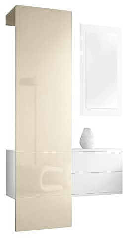 Vladon Garderobe Carlton Set 2, Made in Germany, Garderobenset bestehend aus 1 Garderobenpaneel, 1 Schubkastenschrank und 1 Wandspiegel, Weiß matt/Creme Hochglanz (105 x 193 x 35 cm)
