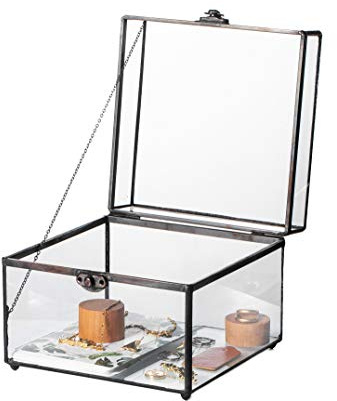 NCYP 6.9 x 6.9 x 5.5 Glass Storage Box - Home Tabletop Vintage Terrarium, Black Display Organizer for Jewelry, Ring, Earring - Indoor Decorative (Glass Box Only)