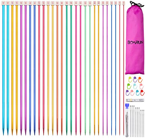 BCMRUN 28 unidades / 14 pares de agujas de tejer individuales de acero inoxidable, rectas y coloridas, 14 tamaños de 2 a 10 mm, longitud de 35 cm para tejer a mano