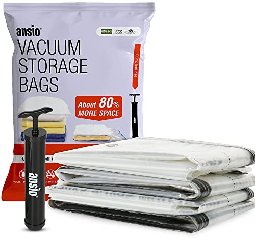 ANSIO® Vacuum Storage Bags for Clothes Jumbo Pack of 4 Double-Zip Seal & Triple Seal Turbo Valve Vacuum Bags for Duvets, Bedding Sets etc., 80% More Storage Travel Pump Included (Size: 110 x 80cm)