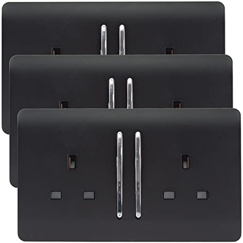Trendi 2 Gang Artistic Modern Glossy 13 Amp Switched Tactile Plug Socket Matt Black (3 Pack)