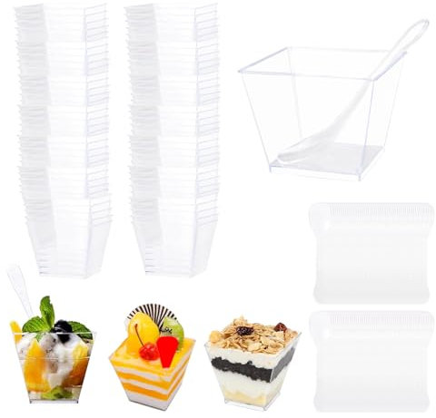 YOUNTHYE 100 Stück Dessertgläser Plastik 100 ml Dessertbecher Plastik mit 100 Suppenlöffeln Klare Dessertschalen Wiederverwendbar Dessertgläser Set für Pudding, Eiscreme, Dessert, Party, Geburtstag