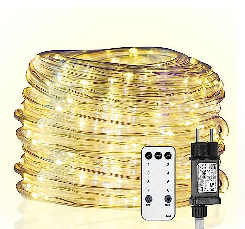 Yakimz 10M Warmweiß Lichterschlauch Aussen, 100LEDs Lichtschlauch mit Fernbedienung und Timer Schlauch Dimmbar & Memory-Funktion für Hochzeit Party Garten Balkon Deko, 8 Modi AußEn Innen, IP65