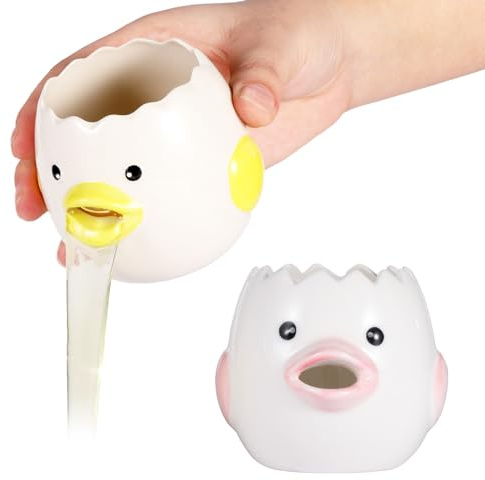 2 Pack Cute Egg Separator, Ceramics Vomiting Chicken Egg Yolk Egg White Separator, Little Chick Small Egg Filter Splitter,Dishwasher Safe (Yellow & Pink)