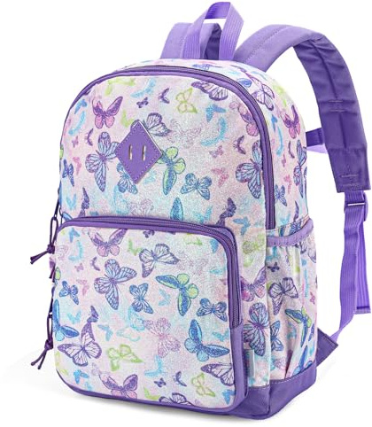 VASCHY Zaino Bambina, Zaini Scuola Zaino per Bambini 4-6 Anni per Scuola Regolare Cartella A4 con Tasche Laterali e Cinghia sul Petto, farfalla viola, 29x12x36 cm / 11.4x4.7x14.2 inches, Casual