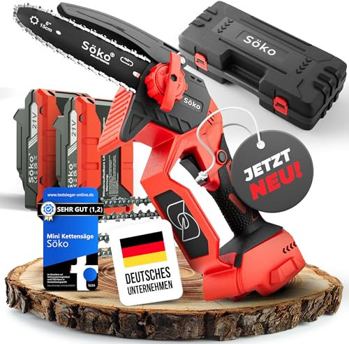 Mini Akku-Kettensäge [elektrisch] – 6-Zoll-Schiene, 2 Ketten, 2x2.0 Ah Akkus, Schnellladegerät | Baumsäge, Handkettensäge, Holzsäge, Elektro-Säge | Auch als Heckenschere, Gartenschere | Söko