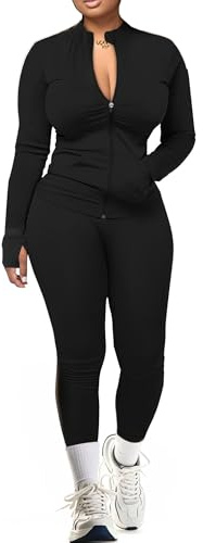 UOUA Two Piece Outfits Women Tracksuit Sets Long Sleeve Zip Up Jacket & Leggings for Gym Workout Set Black M