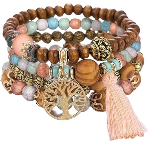 EIYVPRA Boho Lot de 4 bracelets en perles de bois pour femme, bracelet, bracelet perles femme, Motif arbre de vie, Cristal Perle, bracelet fait à la main chaîne de main pour femmes et fille
