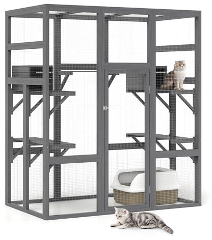 NYEEKOY 71Inches Large Wood Catio Outdoor Cat Enclosure with Perches and Condos, Cat House Indoor with Waterproof Roof, Cat Shelter 5 Platforms & 2 Resting Box, UV Resistant (Grey)