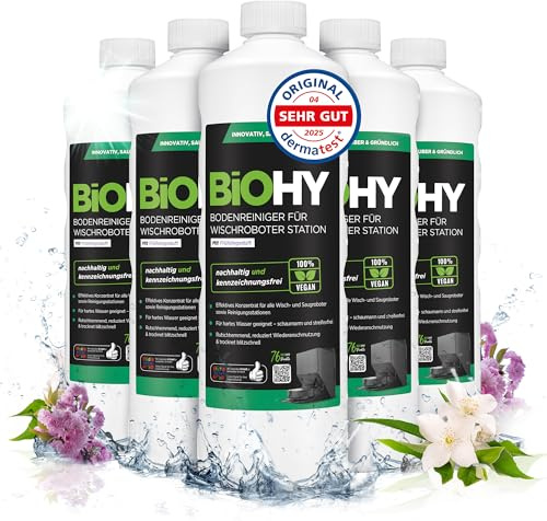 BiOHY Nettoyeur de sol pour robot laveur Station avec parfum printanier (6 x 1 litre) | Nettoyant concentré pour tous les types de balai et robot aspirateur avec fonction humide | Faible mousse et