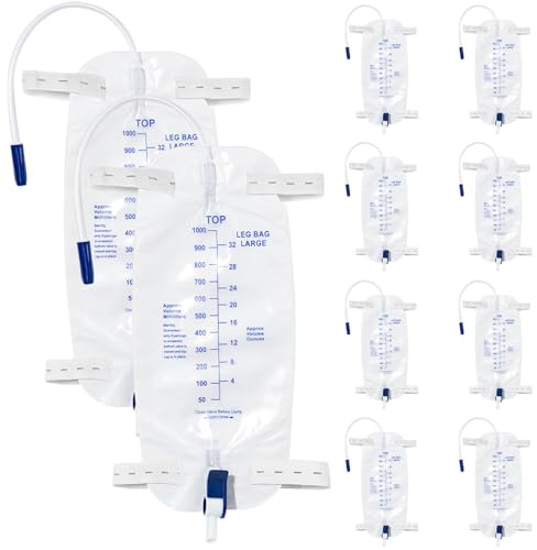 10 bolsas de orina de 1000 ml para piernas, bolsas de drenaje de orina con tubo de 45 cm, bolsas de orina con válvula antireflujo y drenaje, bolsas de orina (1000, 10)