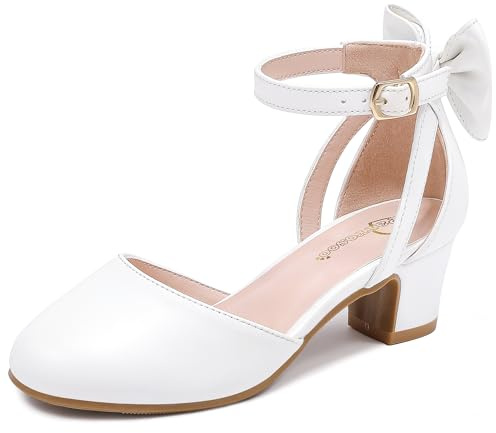 Parrosoo Flower Girl Shoes Dress High Heels for Kids Pump Shoes Little Kid with Cute Bow Little Girls Size 13 Princess Closed Toe Wide Mary Jane Wedding Church School Party Formal (8801 White 13)