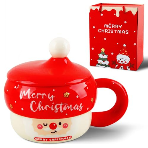 Dwafill Taza Navidad, 430ml Taza con Tapa, con Hermosa Caja de Regalo, Tazas NavideñAs de CeráMica 3d, Regalos Navidad, Apta para Leche, Café, Vino Tinto, Apta Para Todas las Estaciones