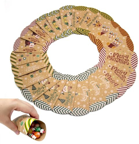24 Cajas de Chuches Navidad - Cajas Almohadas Kraft para Caramelos y Golosinas - Bonitas Cajas Pequeñas con Diseños Festivos para Regalos Navideños, Dulces y Detalles Navideños